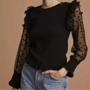 Anthropologie Maeve Sz S Sheer Polka Dot Sleeve Black Ruffled top